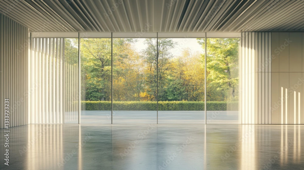 Poster modern empty room with large windows and autumnal view