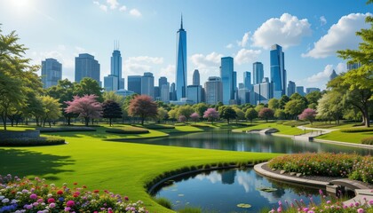 Obraz premium Scenic View of Urban Skyline with Green Park and Water Reflection