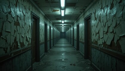 Creepy Abandoned Hotel Corridor with Peeling Wallpaper and Dim Light