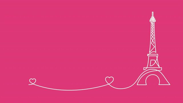 Line drawing of the Eiffel tower and two hearts on a pink background.