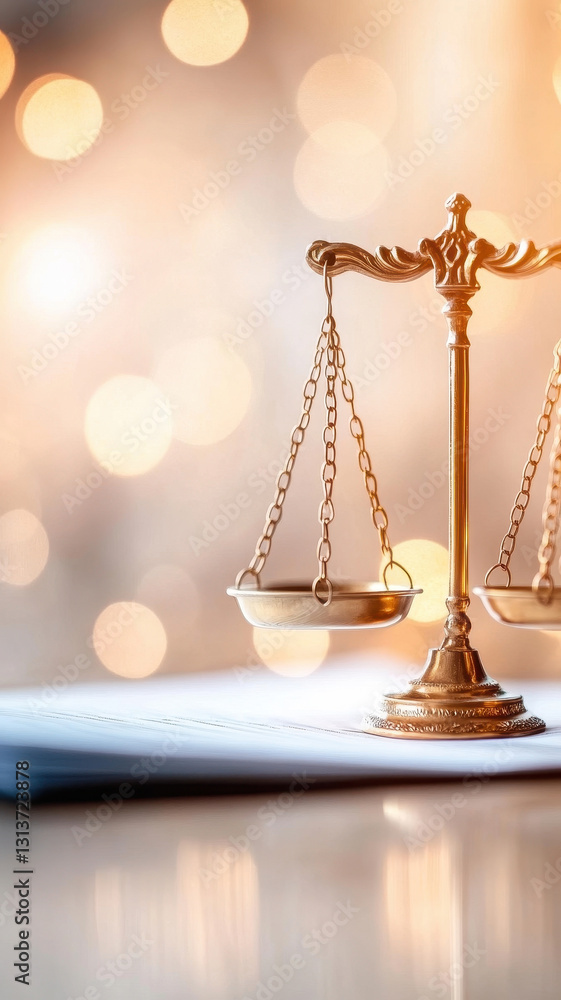 Poster close up of golden scale symbolizing justice, set against blurred background with soft bokeh lights.