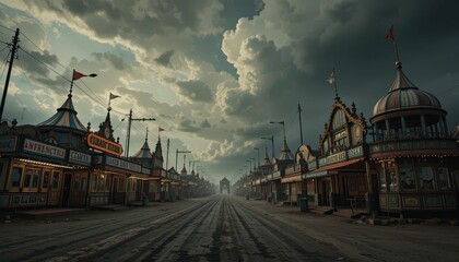 Obraz premium Abandoned Amusement Park with Dramatic Sky and Empty Pathway
