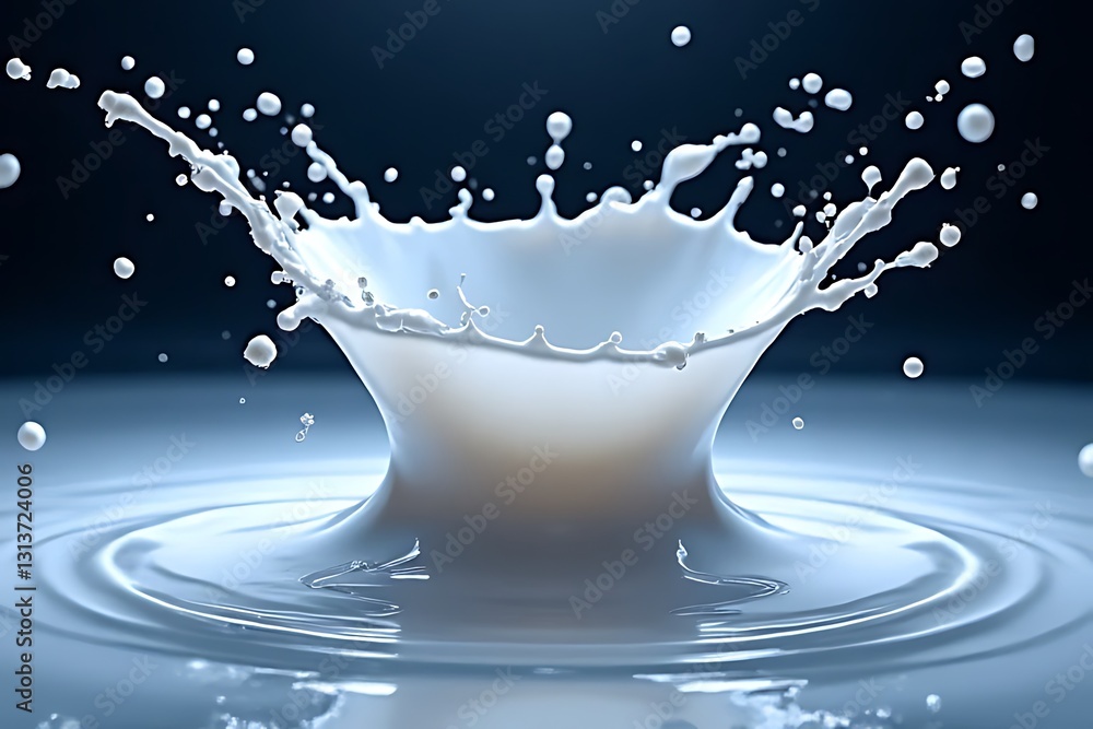 Poster dynamic milk splash action studio setting high-speed photography dark background close-up fluid moti