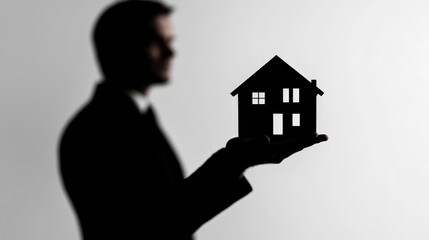Silhouetted businessman holding a small house model against a minimalistic background, symbolizing real estate