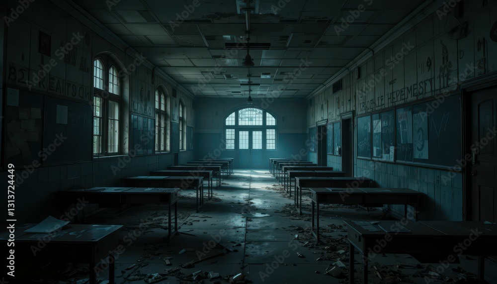 Poster abandoned classroom with desktops and light streaming through windows