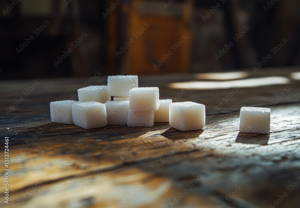 Poster sugar cubes arranged artistically on rustic wooden table with natural light and a soft bokeh backgro
