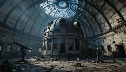 Obraz premium Abandoned Observatory with Telescopes and Dusty Interior Space