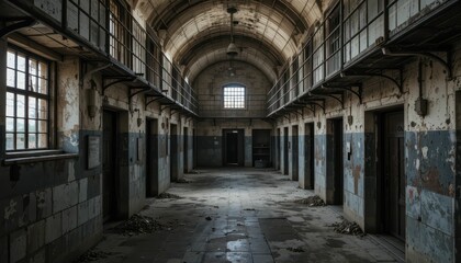 Fototapeta premium Abandoned Prison Hallway with Eerie Atmosphere and Dark History