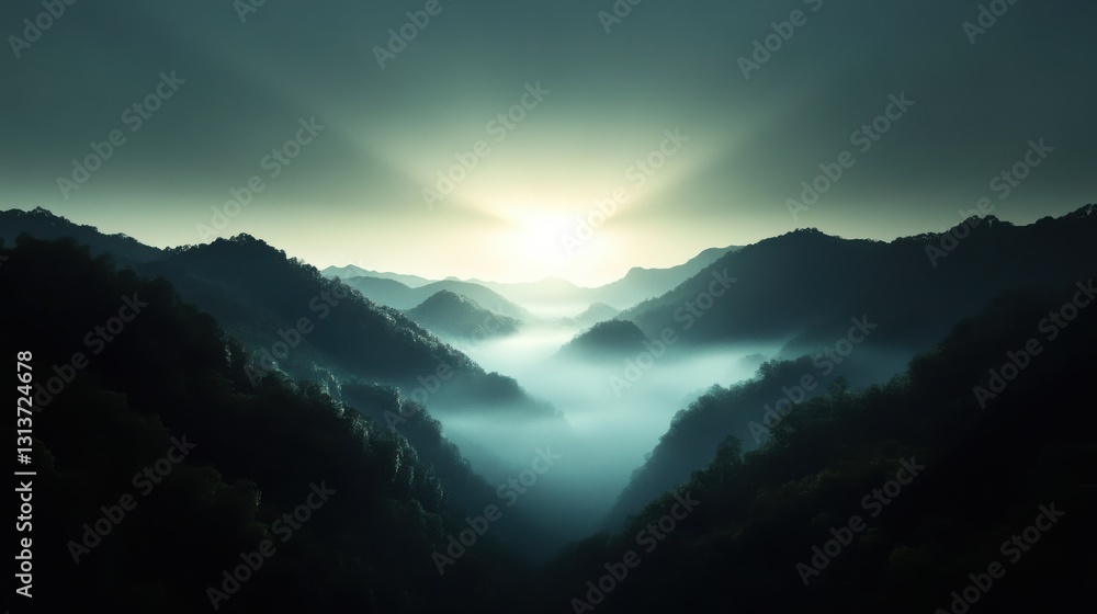 Poster a mountain range with a foggy mist and a sun rising in the background
