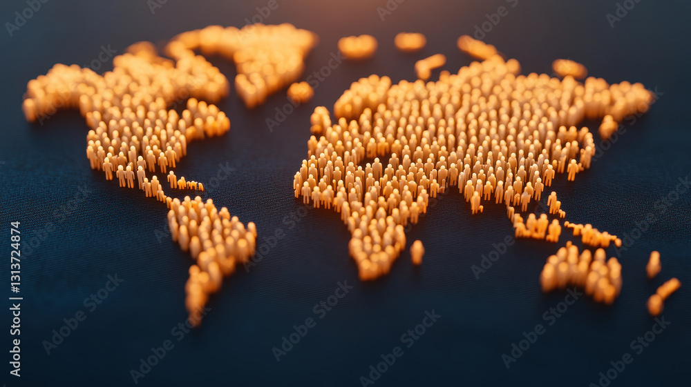 Poster close up of world map created with small human figures, symbolizing global population and unity. ora