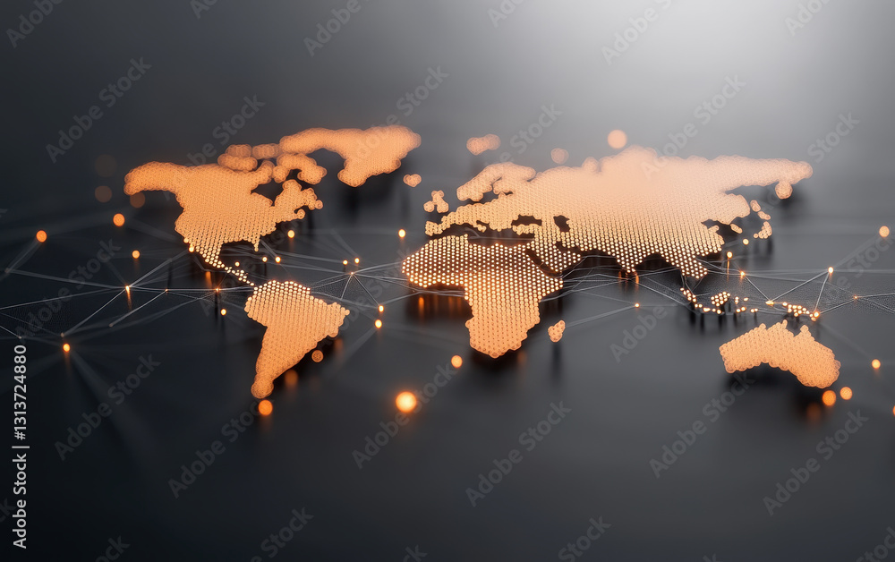Poster 3d world map with glowing orange dots and connecting lines, representing global connectivity and tec