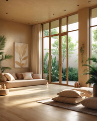Fototapeta premium Spacious yoga pilates studio with wooden floors and an outdoor garden to promote relaxation and serenity Modern Spa Relaxation Wallpaper Interior Design