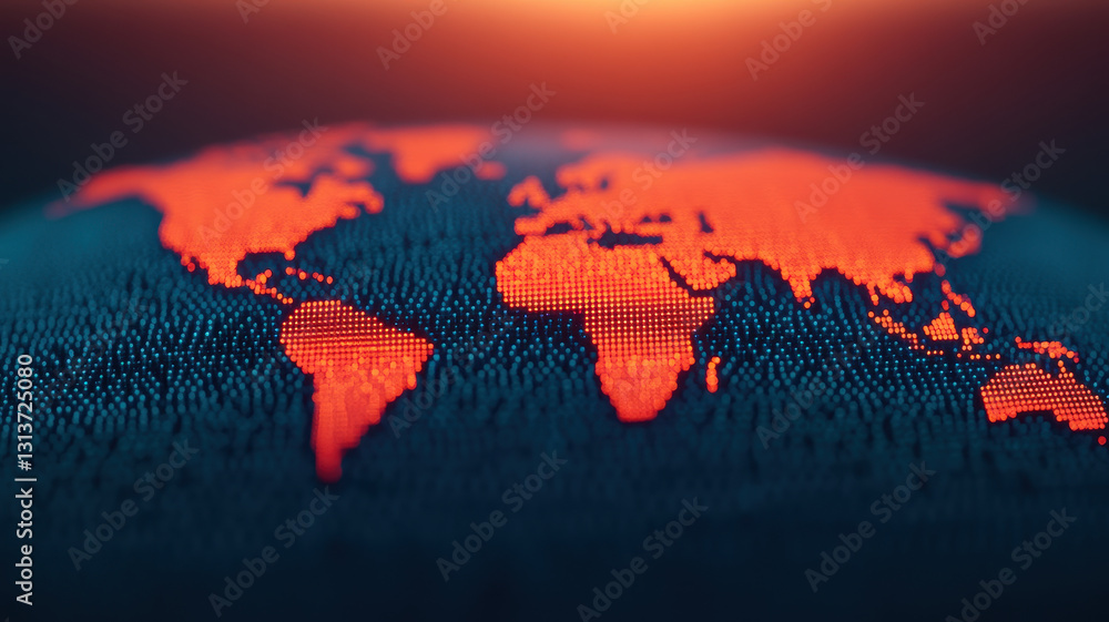 Poster close up of digital globe with illuminated continents in red, showcasing modern representation of wo
