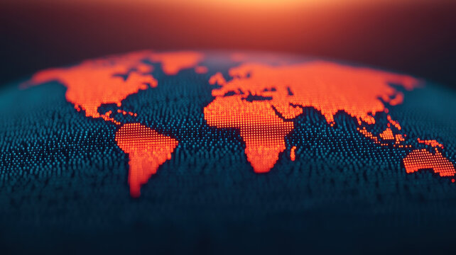 Close up of digital globe with illuminated continents in red, showcasing modern representation of world. vibrant colors highlight geographical features