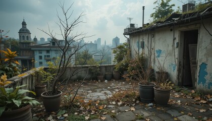Obraz premium Abandoned Urban Rooftop Garden with City Skyline in Background