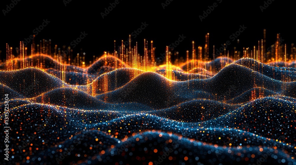 Poster abstract digital landscape with glowing particles and rising elements for futuristic tech visualizat