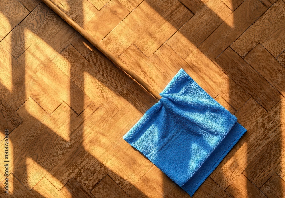 Poster sunlit room with wooden floor and blue towel lying on floor, shadows from window creating pattern on