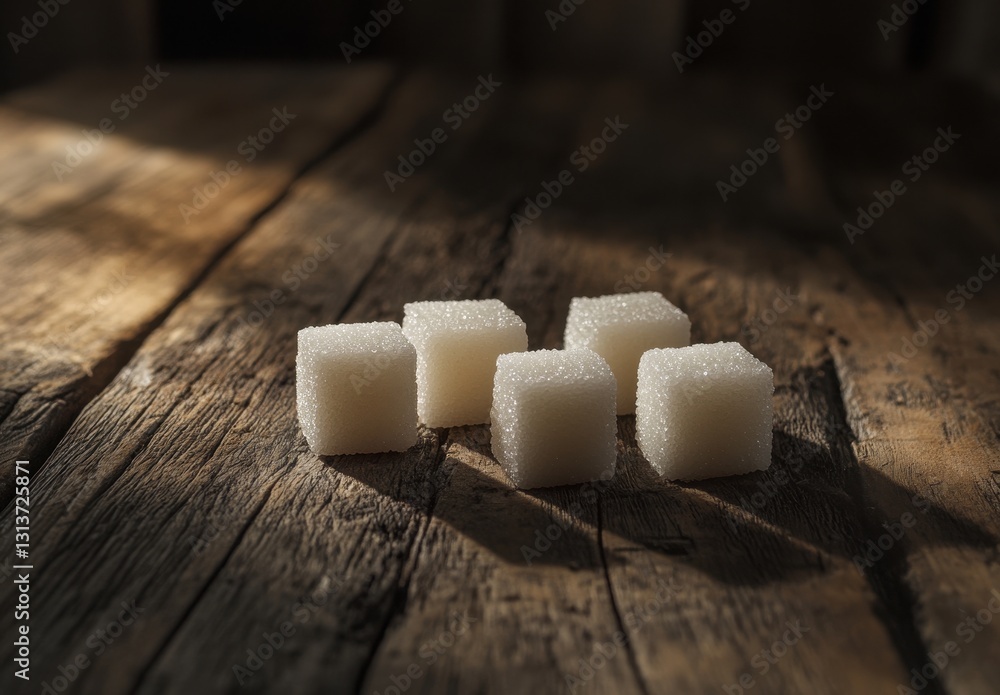 Poster sugar cubes on rustic wooden surface with natural light and shadows creating an artistic culinary sc