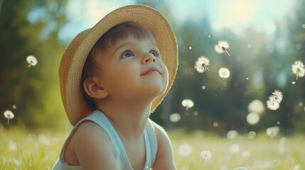 Adorable baby boy sitting on green grass surrounded by blooming dandelion flowers in a sunny spring garden, wearing a straw hat, enjoying nature and fresh air.
