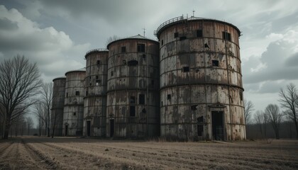 Abandoned Industrial Silos Under Dramatic Cloudy Sky Landscape