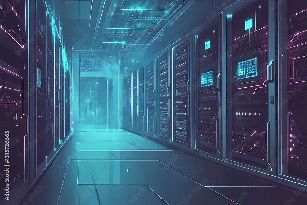 Poster futuristic server room corridor with neon lights and data visualizations