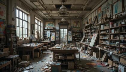 Obraz premium Abandoned Art Studio with Messy Tables and Vintage Artwork