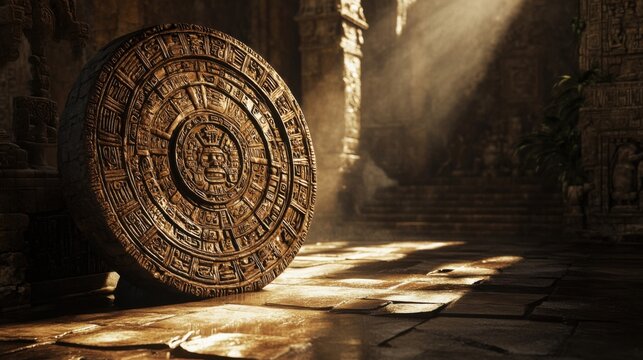 ancient mayan calendar stone in temple ruins
