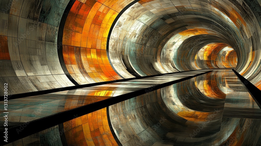 Poster abstract rendering of metallic tunnel vortex with reflective surface and glowing amber accents a dig