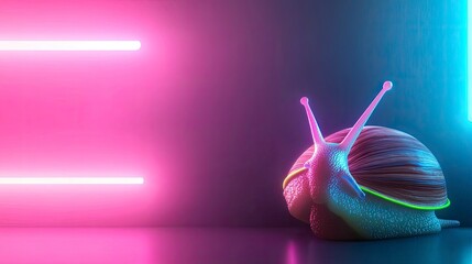 A snail illuminated by vibrant pink and blue neon lights against a dark background.