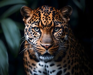 Naklejka premium Glowing Leopard Stalking Through the Shadows of the Lush Jungle at Night