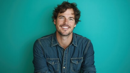 Fototapeta premium smiling man in denim shirt against teal background