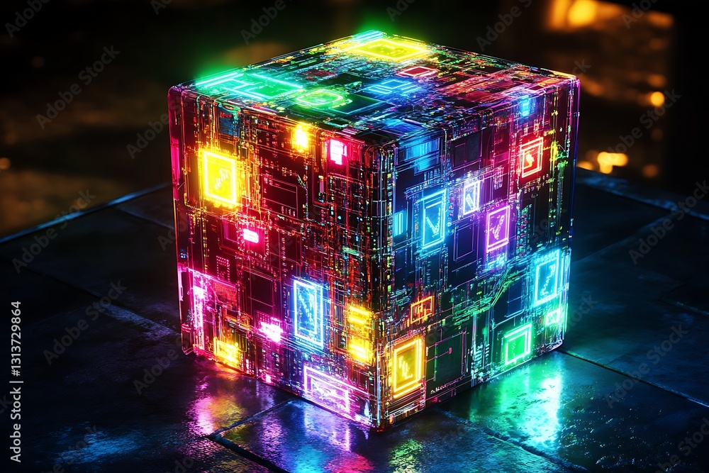Poster glowing neon cube with circuitry design