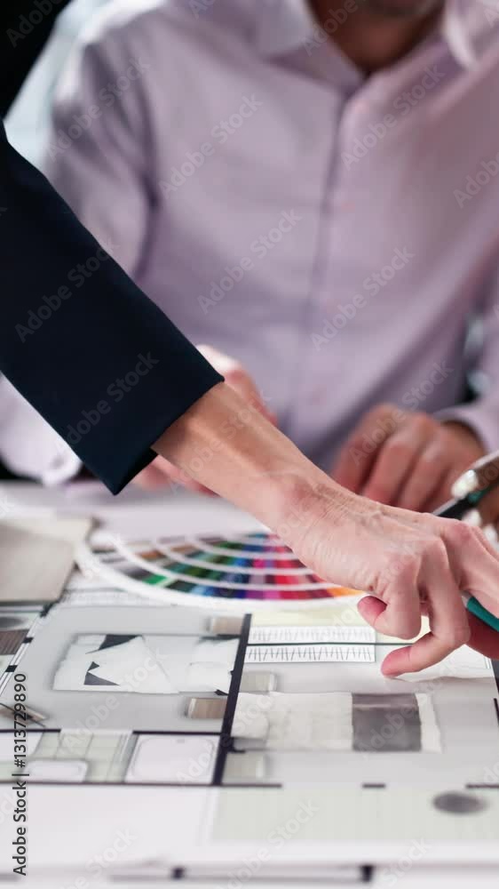 Poster designer group at desk discussing custom house