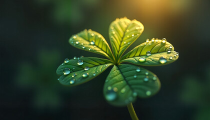 Four-leaf clover with dewdrops in soft sunlight