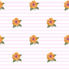 A seamless floral pattern featuring vibrant orange hibiscus flowers on a soft pastel striped background. Perfect for textiles, wallpapers, prints, and decorative designs.