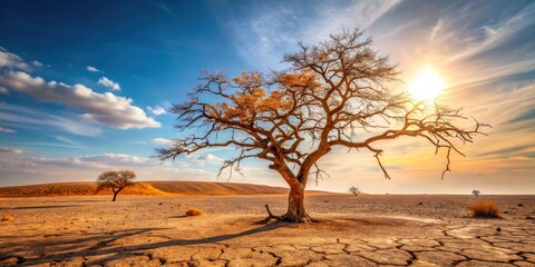 Naklejka premium A solitary tree endures the harsh beauty of a sun-drenched arid landscape, its branches reaching towards a vibrant sunset sky, showcasing the resilience of nature in desolate environments.