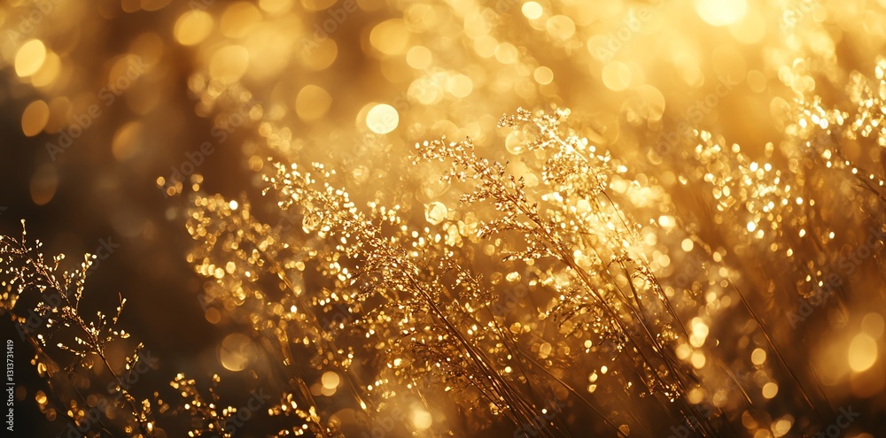 Poster captivating golden grass field sparkling in gentle light and bokeh effects