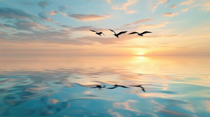 Naklejka premium Serene sunset with flying birds over tranquil water