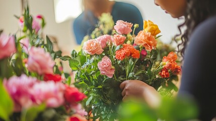 A dynamic team brainstorming session in a bright room with blooming flowers digital