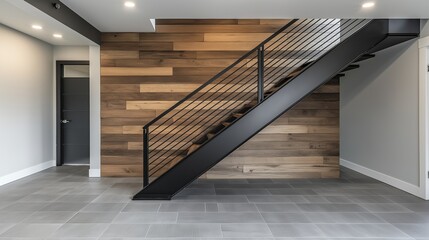 A striking contemporary apartment staircase with raw wood paneling, matte black steel balustrades, and sleek gray tile flooring, creating a bold and stylish design.
