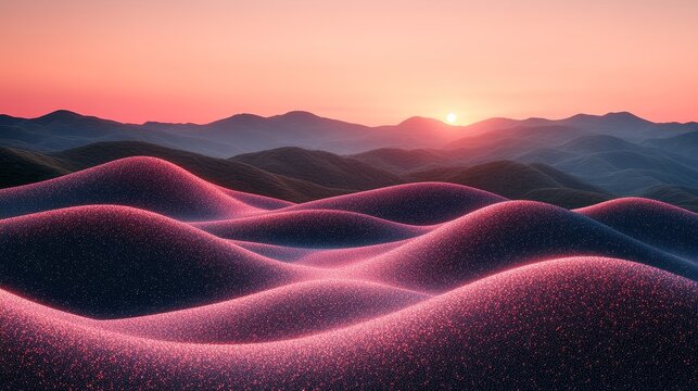 Dreamscape Twilight, Abstract Hills Reflecting the Evening Sun Radiance in Shimmering Rose and Indigo Hues a Calming Visual Journey