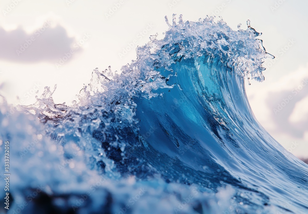 Poster surging ocean wave with clear blue water and splashes against a soft background of clouds and sky in