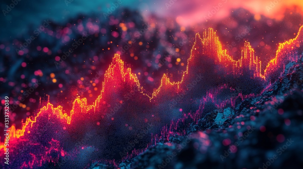 Poster abstract fiery landscape design with vibrant color gradients and digital particle effects creating a