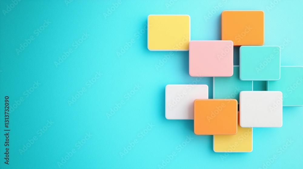 Poster a colorful arrangement of square tiles on a vibrant turquoise background, creating a playful and mod