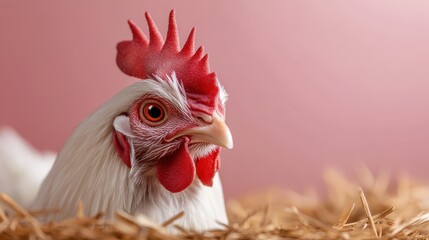 In this image, a chicken can be seen nesting comfortably in a bed of straw, evoking a sense of warmth and security, ideal for discussions about farm life and poultry dynamics.