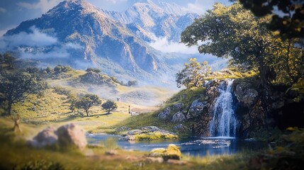 Serene Mountain Landscape with Waterfall and Lush Greenery in Natural Beauty