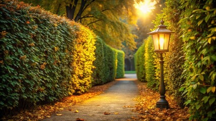 Naklejka premium Autumnal Pathway Illuminated by a Glowing Lamppost, Flanked by Lush Green Hedgerows and Scattered Fallen Leaves