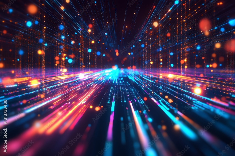 Poster abstract digital data stream: neon lines and glowing particles