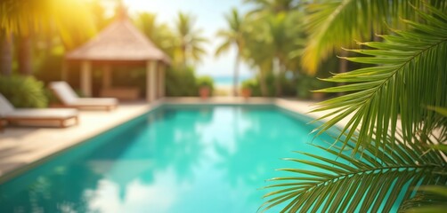 Fototapeta premium Blurred tropical summer vacation background with blue pool, gazebo, palm leaves. Paradise island resort, sun lounger, tropical garden. Sunny bokeh sea background, blurred panorama. Relaxing vacation