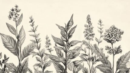 Ornate floral and herbal plant illustrations in classic vintage etching style.